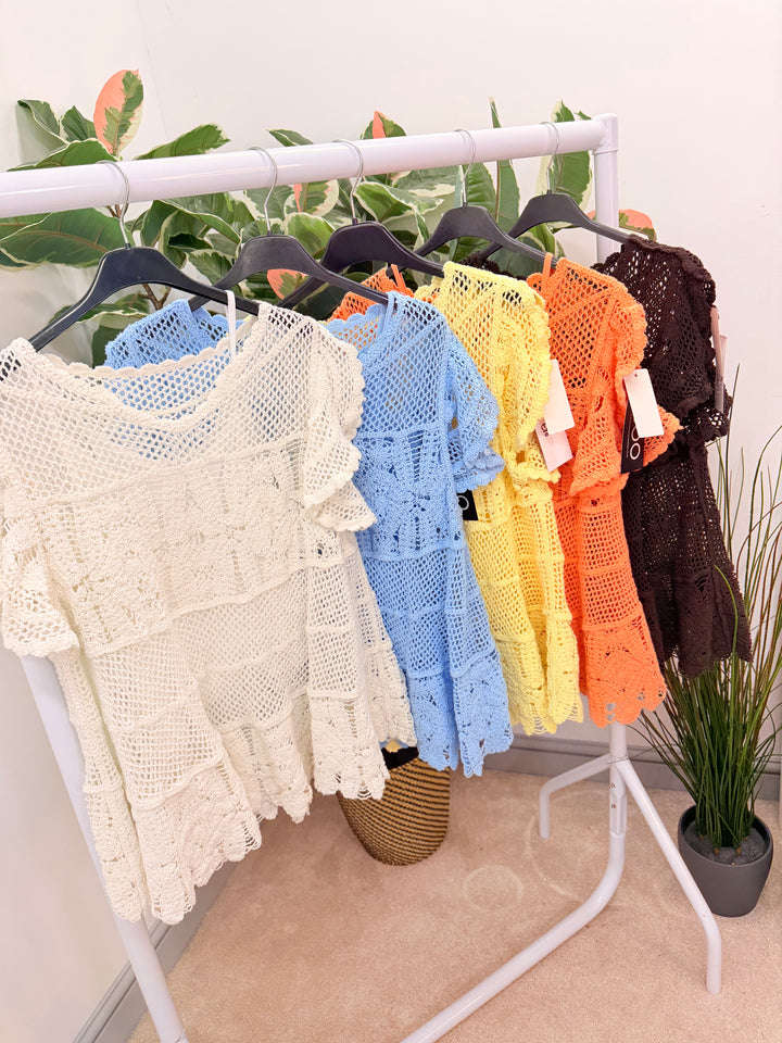 Ladies Pretty Crochet Top - lemon, white, blue, brown & coral 