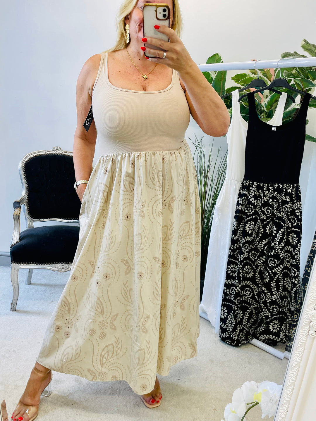 LADIES BRODERIE ANGLAISE SUMMER DRESS - BLACK, BEIGE & WHITE