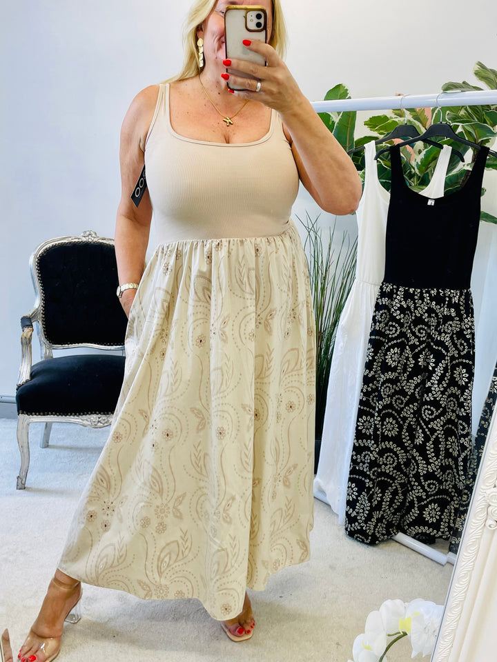 LADIES BRODERIE ANGLAISE SUMMER DRESS - BLACK, BEIGE & WHITE