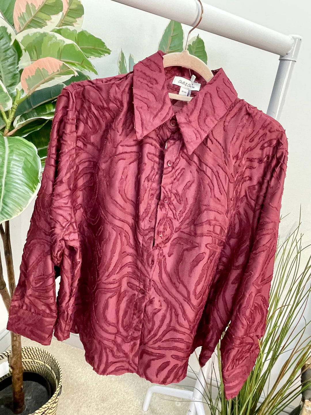 LADIES SMART SHIRT BLOUSE - BLACK & WINE BERRY