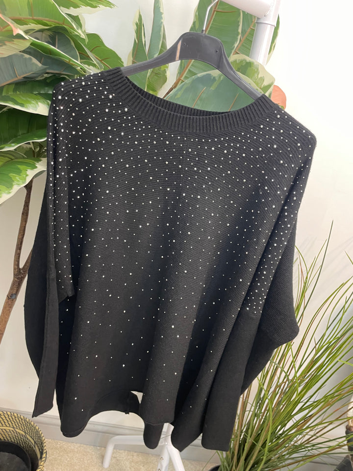 LADIES LOOSE FIT DIAMANTE OVERSIZE JUMPER - BLACK, GREY, NAVY, BROWN