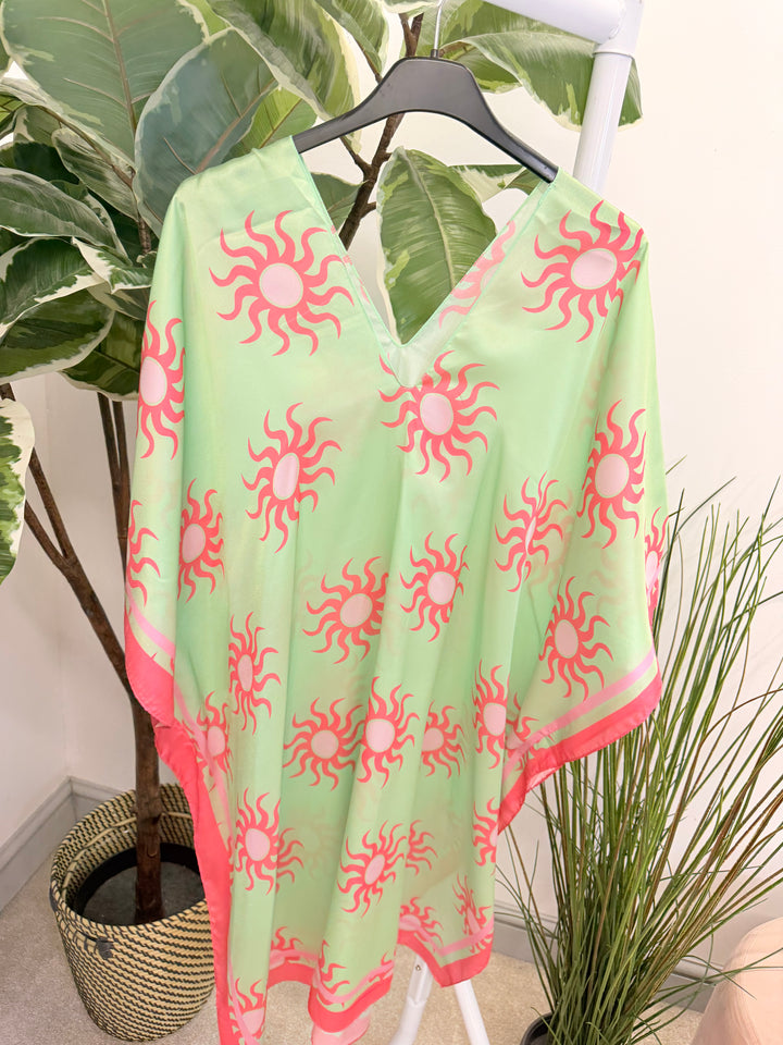 Ladies Fashion Silky Sun Print Kaftan Beach Cover Up Top 