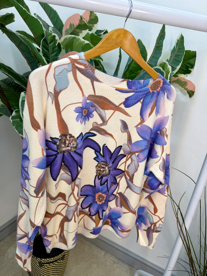 LADIES CREAM & PURPLE SEQUIN FLOWER JUMPER