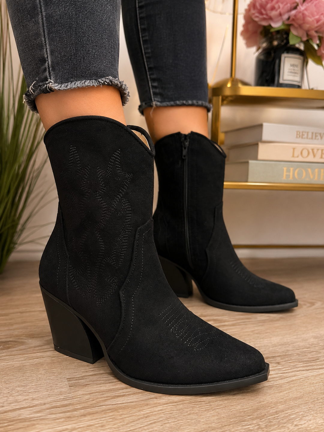 Ladies Fashion Black Faux Suede Mid Heel Smart Calf Boots