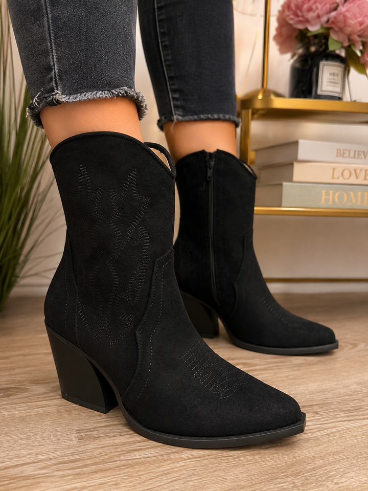Ladies Fashion Black Faux Suede Mid Heel Smart Calf Boots