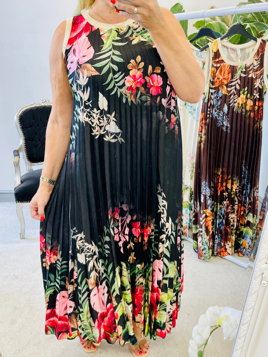 LADIES SATIN PLEATED SUMMER MAXI DRESS - BROWN, CREAM, BLACK