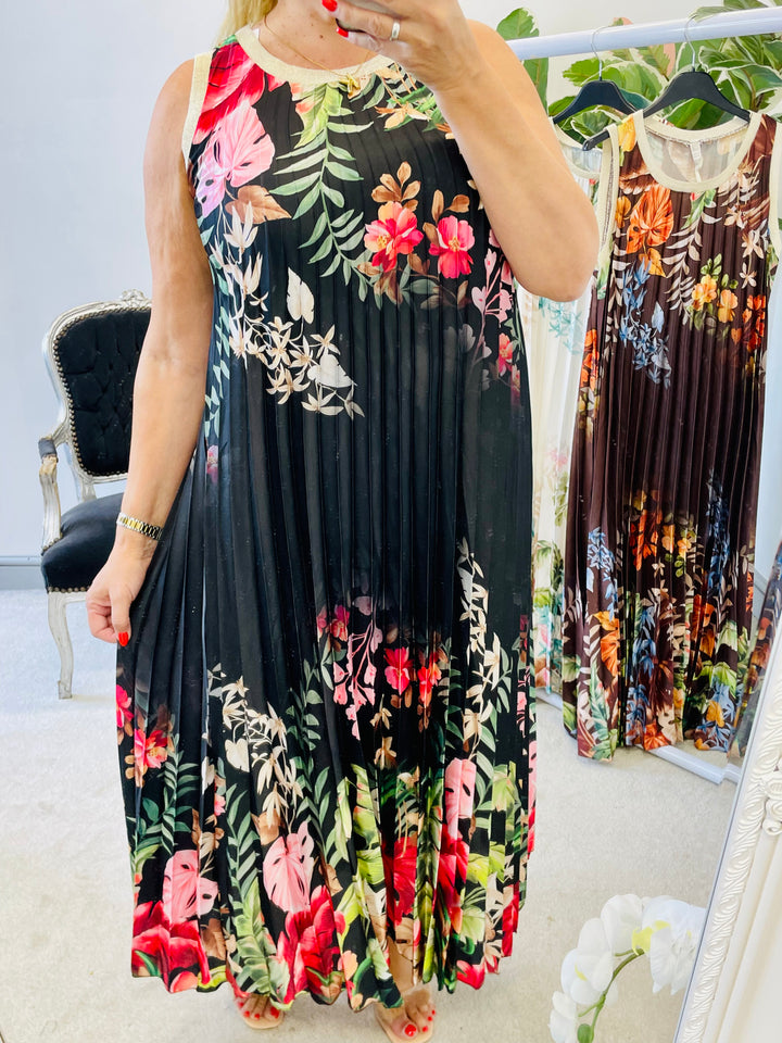 LADIES SATIN PLEATED SUMMER MAXI DRESS - BROWN, CREAM, BLACK