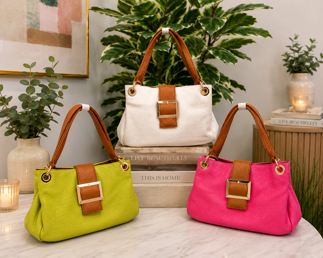 Ladies Faux Leather Contrast Handbag - Fuschia Pink, Lime, White