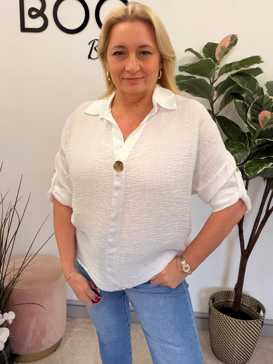 Ladies Fashion Grandad Style Top Blouse - Pink, Lemon, White & Blue