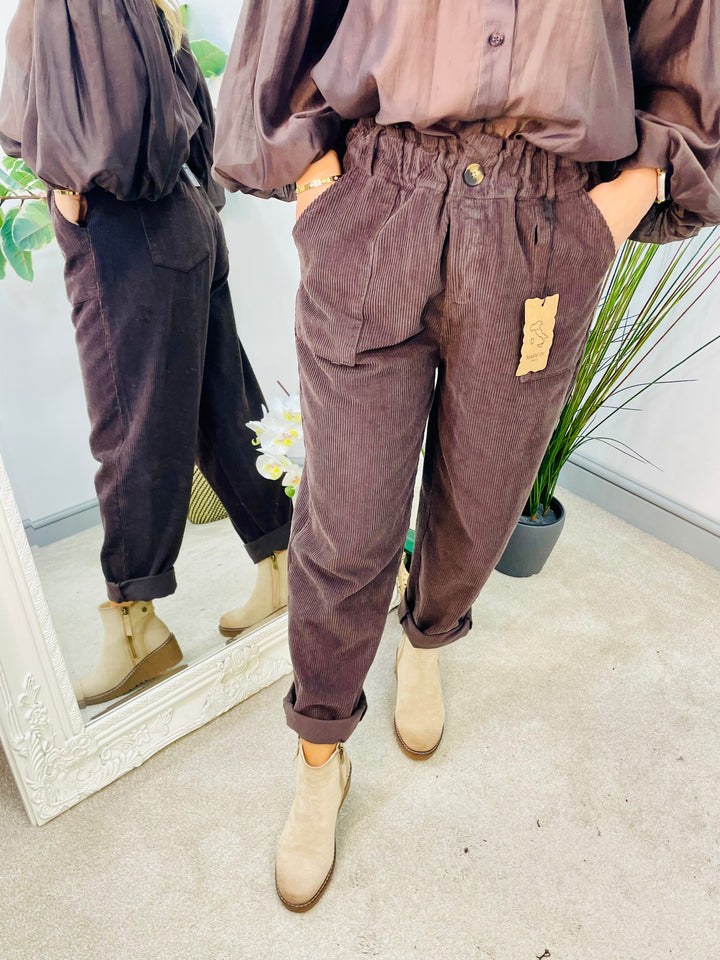 LADIES BAGGY CORDUROY TROUSERS - TAUPE, RUST & BROWN