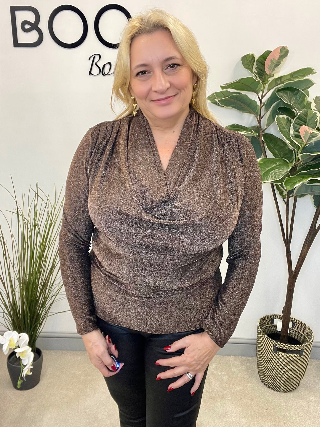 LADIES LUREX COWL NECK TOP - BLACK & BROWN