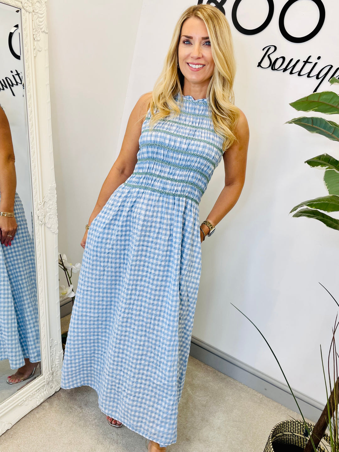LADIES SUMMER GINGHAM PRETTY MAXI DRESS - PINK & BLUE