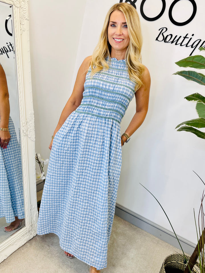LADIES SUMMER GINGHAM PRETTY MAXI DRESS - PINK & BLUE