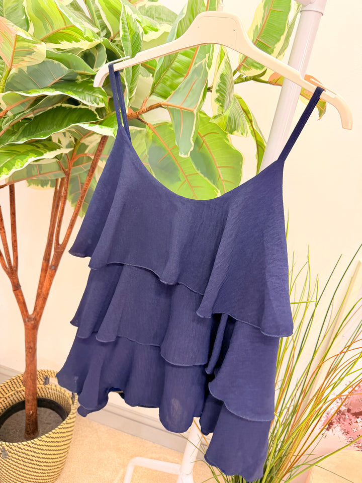 Ladies Frill Strappy Cami Top - Rust, Brown, Pale Blue, Khaki & Navy