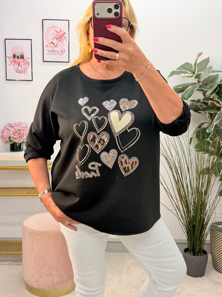 Ladies Fashion Scuba Sweatshirt Diamante Top - Black, White & Brown