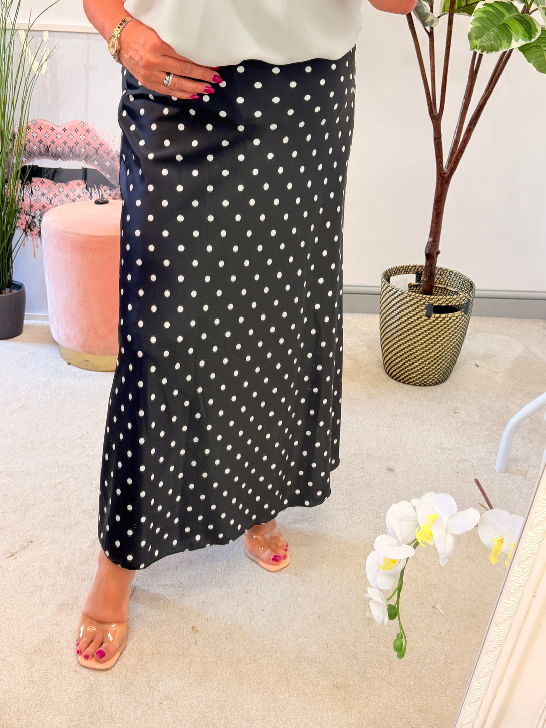 Ladies Satin Polka Dot Maxi Skirt - Black, White, Lemon, Blue & Pink