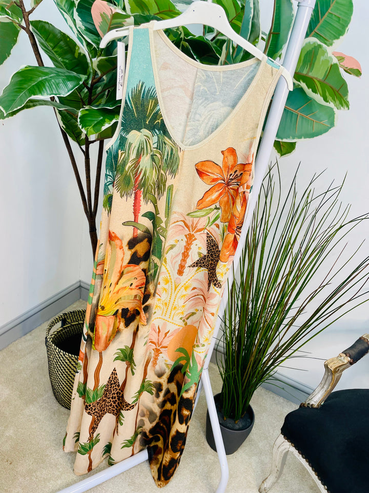 LADIES LUREX TROPICAL TIGER PRINT SUMMER MAXI DRESS