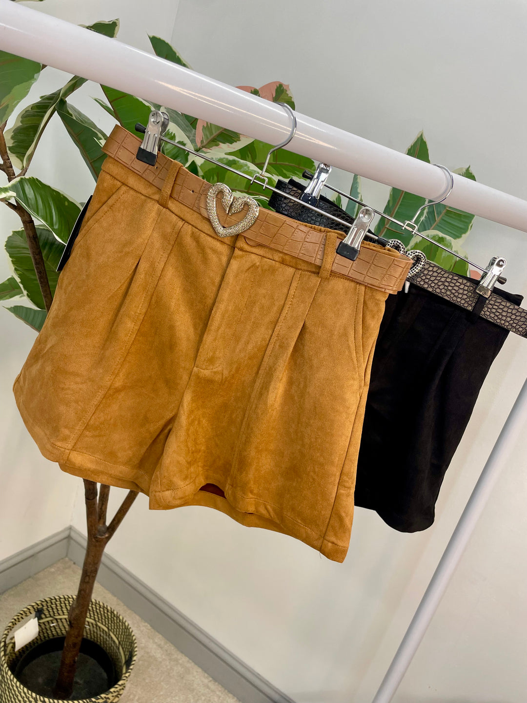LADIES FASHION FAUX SUEDE SHORTS - BLACK & CAMEL TAN