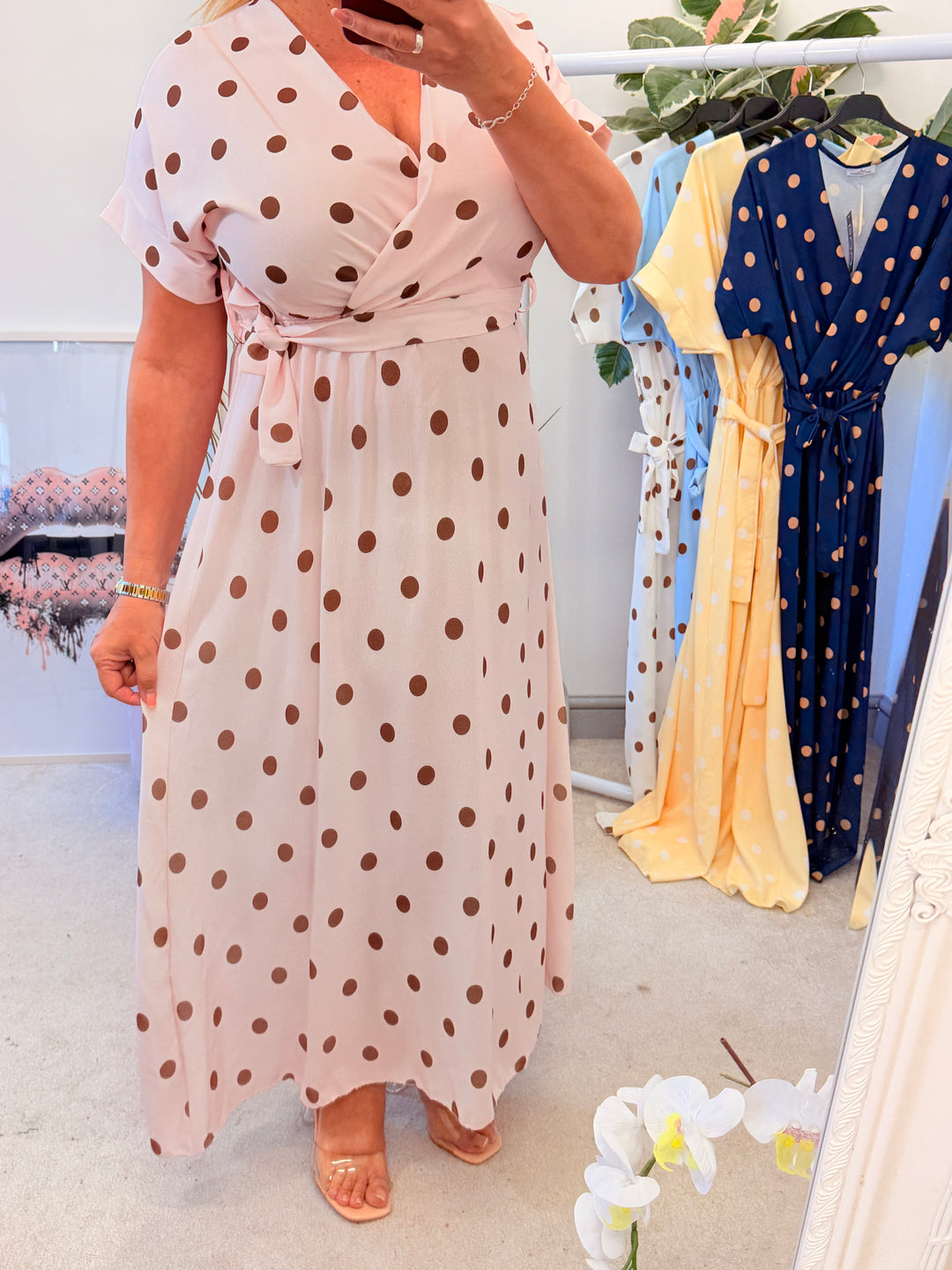 Ladies Polka Dot Wrap Midi Dress - Navy, Cream, Pink, Lemon & Pale Blue