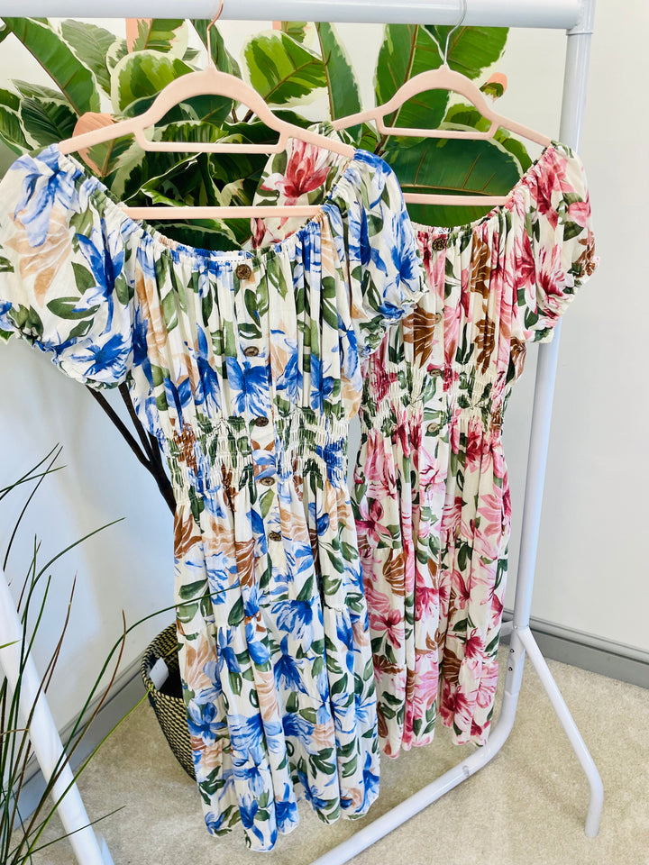 LADIES SUMMER FLORAL PRINT BARDOT MIDI DRESS - PINK & BLUE