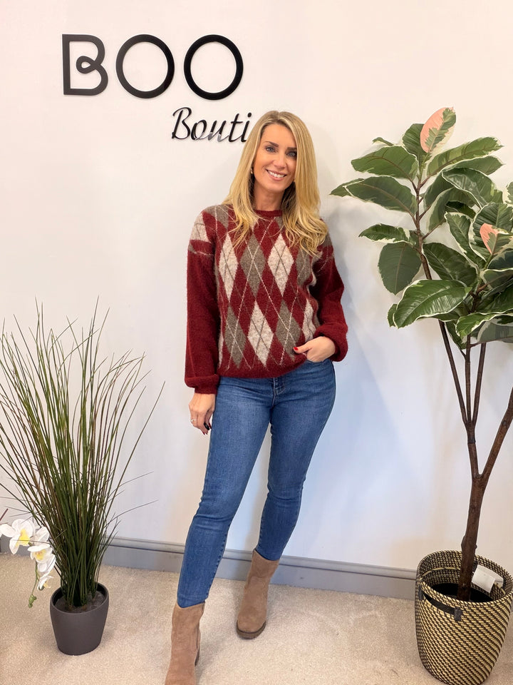 LADIES FASHION ARGYLE KNIT JUMPER - BERRY, CREAM, BROWN, 