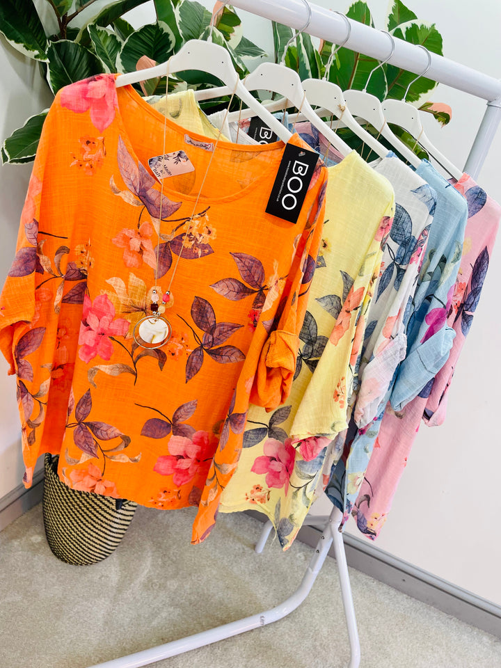 LADIES WOMENS FLORAL PRINT LINEN SUMMER TOP - PINK, ORANGE, BLUE, WHITE, YELLOW