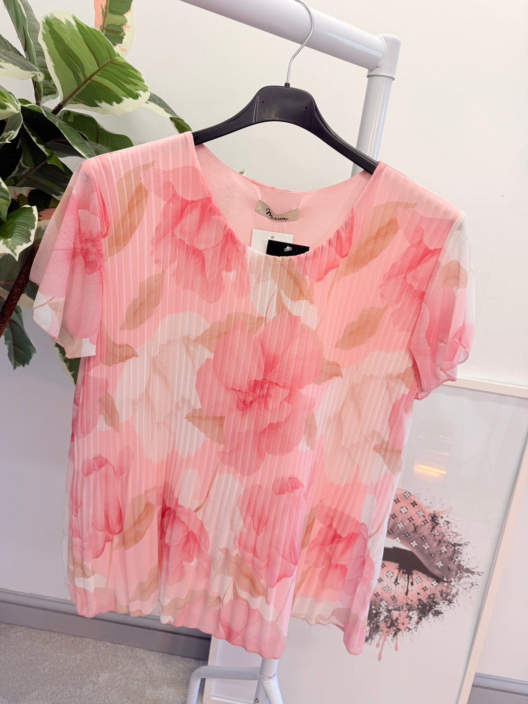 Ladies Fashion Floral Print Pleated Chiffon Blouse Top - pink, white, blue & lemon