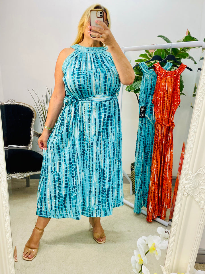LADIES SUMMER PARTY EVENT MIDI DRESS - BLUE & ORANGE