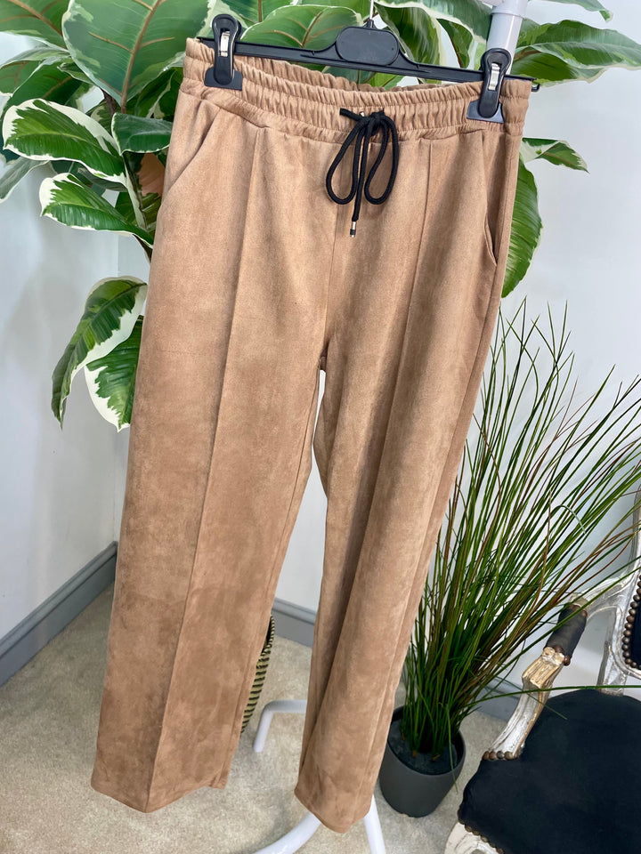 LADIES FAUX SUEDE STRAIGHT LEG TROUSERS - BROWN, CAMEL & BLACK