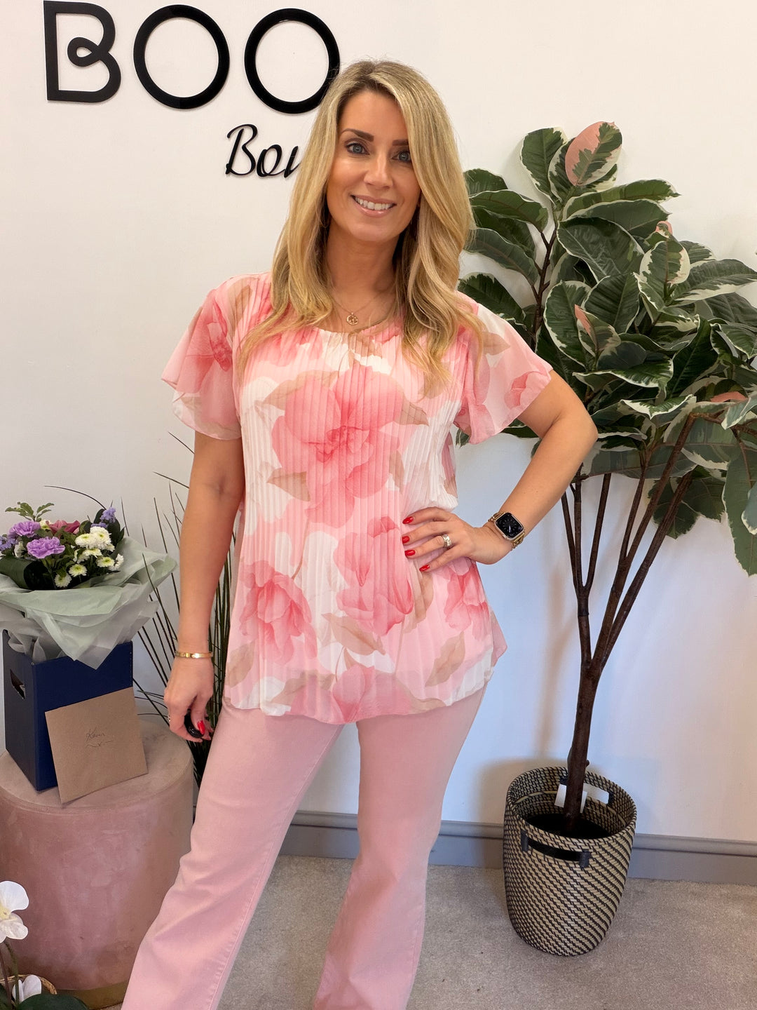 Ladies Fashion Floral Print Pleated Chiffon Blouse Top - pink, white, blue & lemon