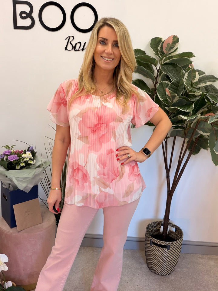 Ladies Fashion Floral Print Pleated Chiffon Blouse Top - pink, white, blue & lemon