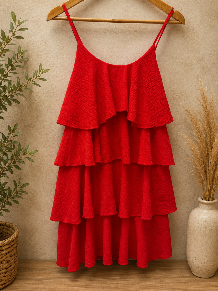 Ladies Frill Layered Summer Dress - Red, Brown, Black, Rust, Green & White