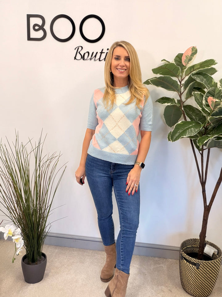 LADIES ARGYLE KNIT SHORT SLEEVE JUMPER - CREAM, BLUE, PINK