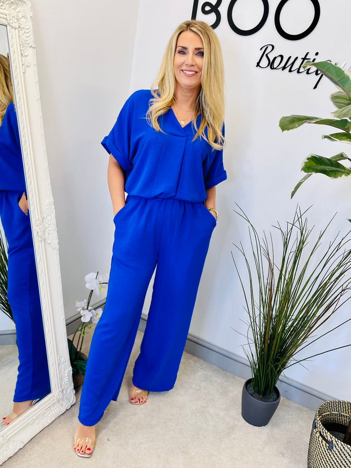 LADIES WIDE LEG TROUSER & TOP SUMMER CO ORD SET - ROYAL BLUE, NAVY, YELLOW, BLACK, KHAKI, CORAL