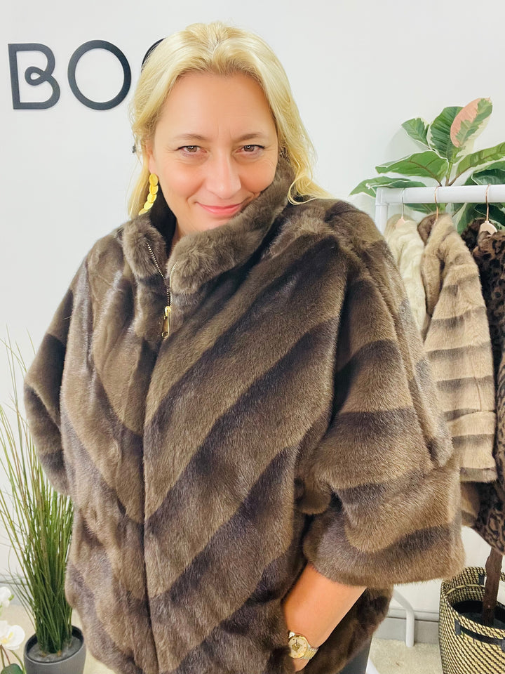 LADIES LUXURY FAUX FUR CAPE JACKET - BROWN, MINK, CREAM LEOPARD