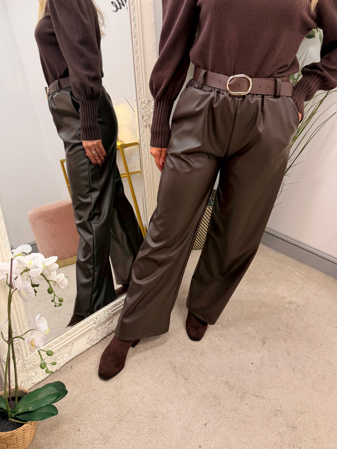 Womens fashion faux leather straight leg trousers - black and brown
