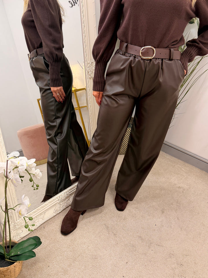 Womens fashion faux leather straight leg trousers - black and brown
