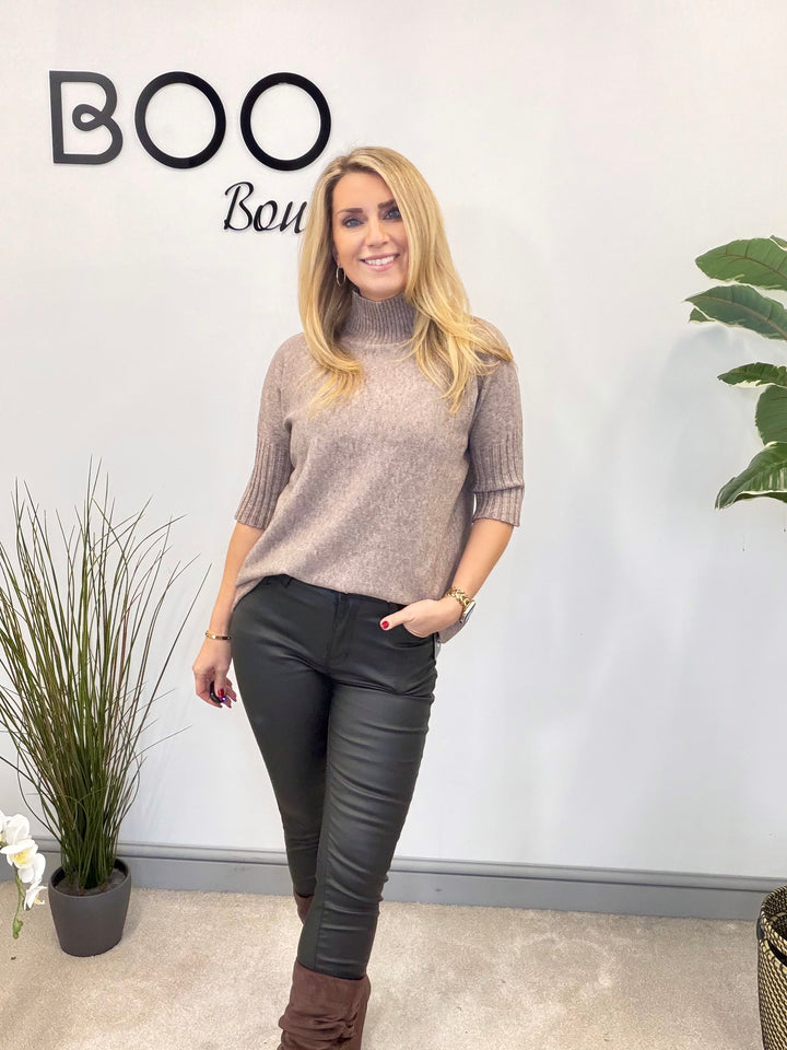 LADIES SHORT SLEEVE KNITTED JUMPER - BLACK, KHAKI, BEIGE, MOCHA, GREEN & BERRY