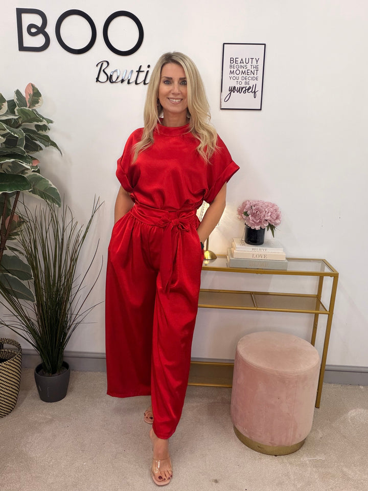 Womens Satin Trouser Suit Co Ord - Black, Red, Mink, Mustard, Brown