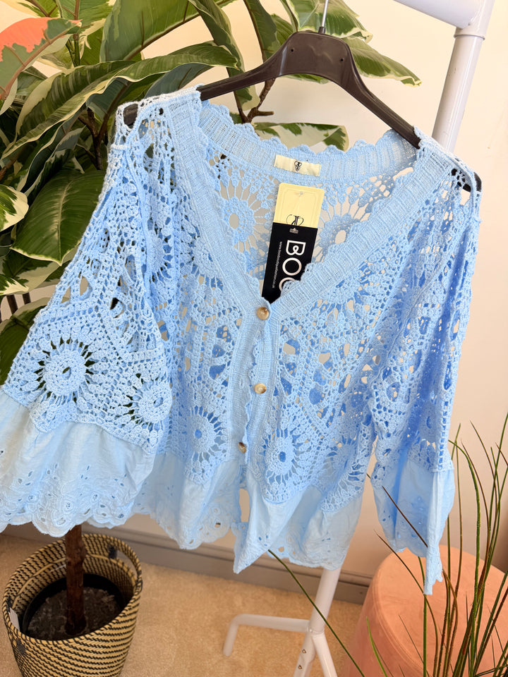 Ladies Broderie Anglaise & Lace Bolero Cardigan - White, Blue & Brown