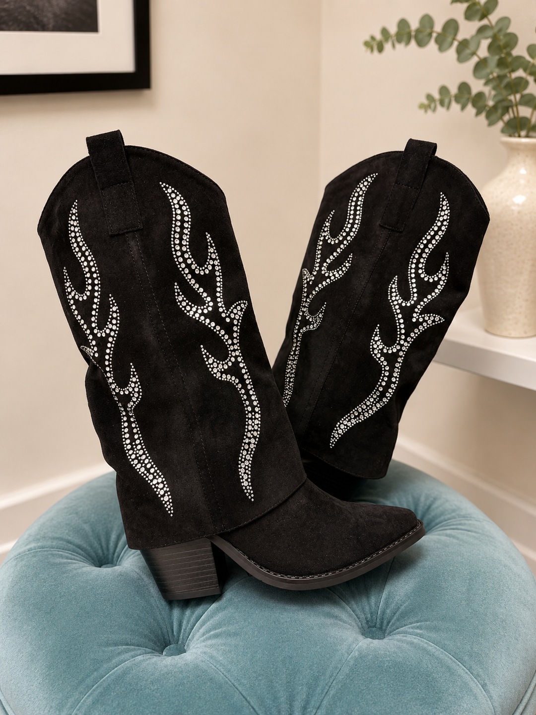 Black Faux Suede Cowboy Boots ( 10198 )