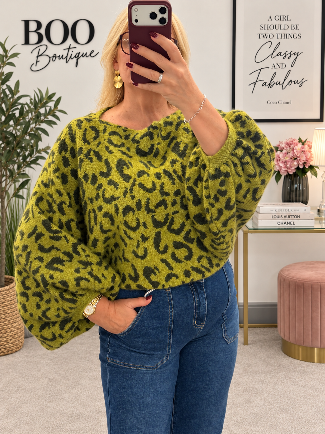 Womens Animal Print Slouch Knit Jumper - Lime, Blue, Plum & Wine