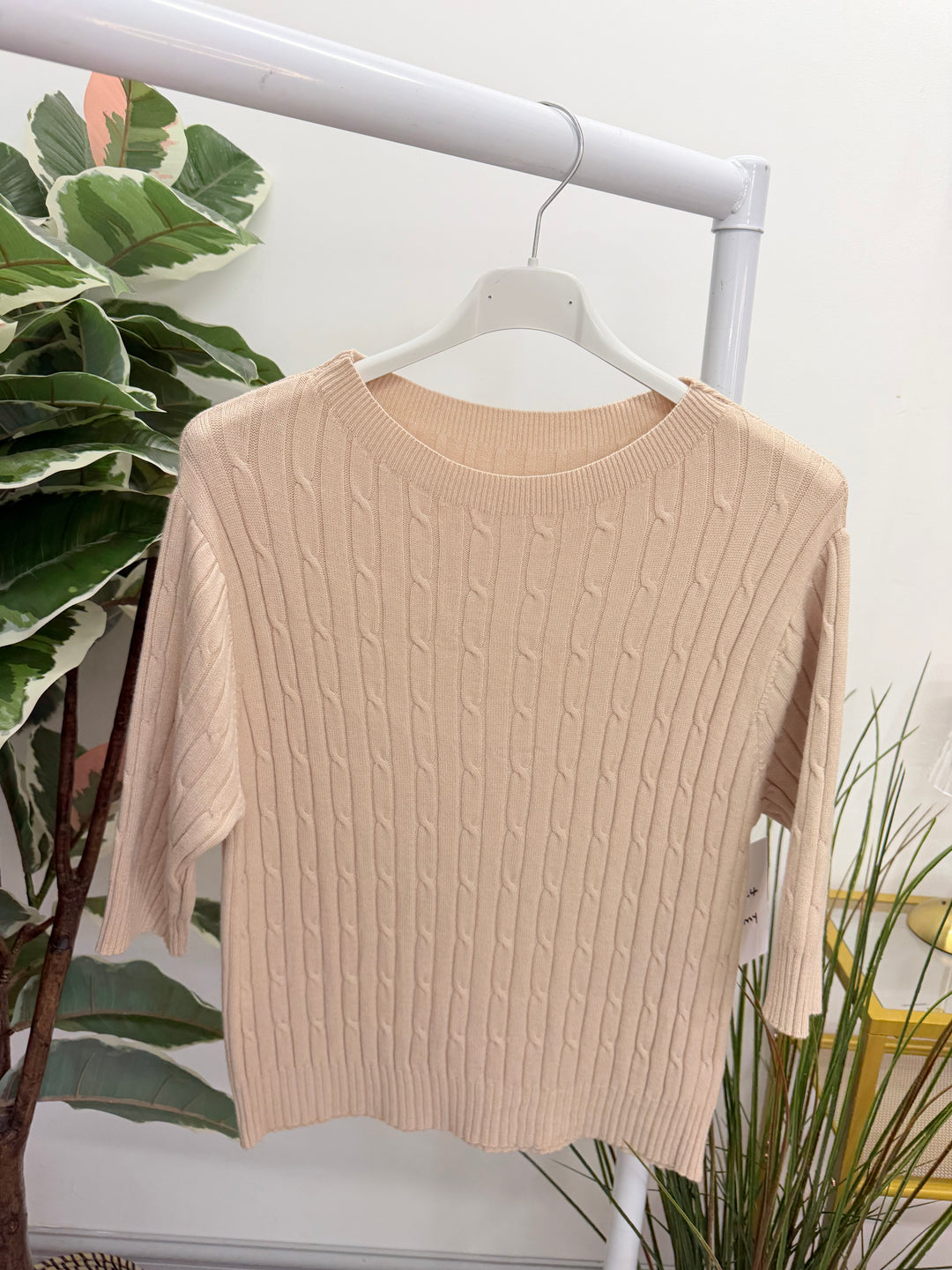 Ladies Inspired Cable Knit Short Sleeve Jumper - Blue, White, Wine, Camel, Brown