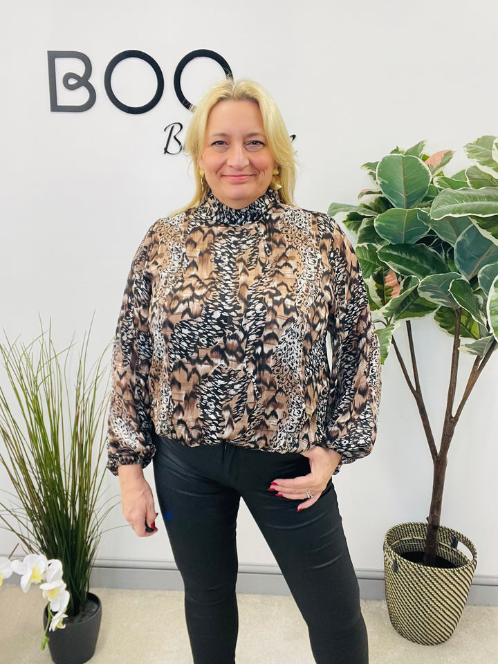 LADIES ANIMAL PRINT HIGH NECK CHIFFON TOP