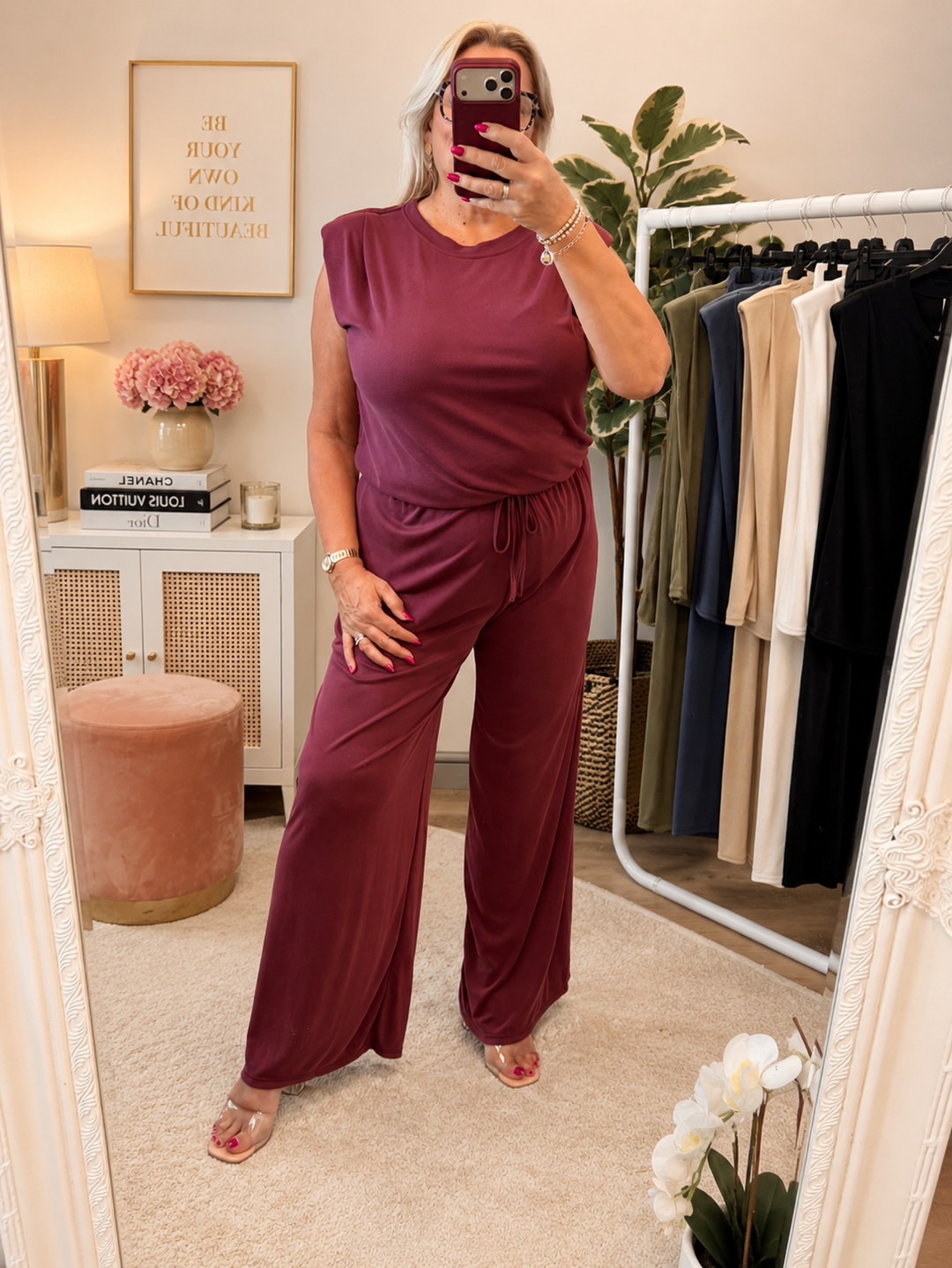 Ladies Stretch Non Crease Wide Leg Trouser Co Ord - Black, Beige, Khaki, Wine, Denim, White