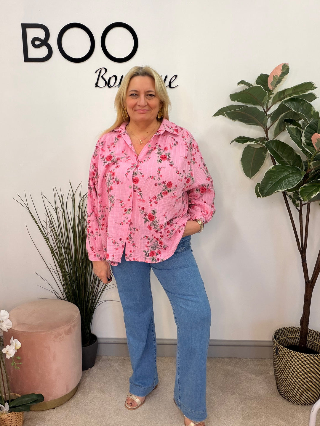 Ladies Fashion Pink Cheesecloth Long Sleeve Blouse Top