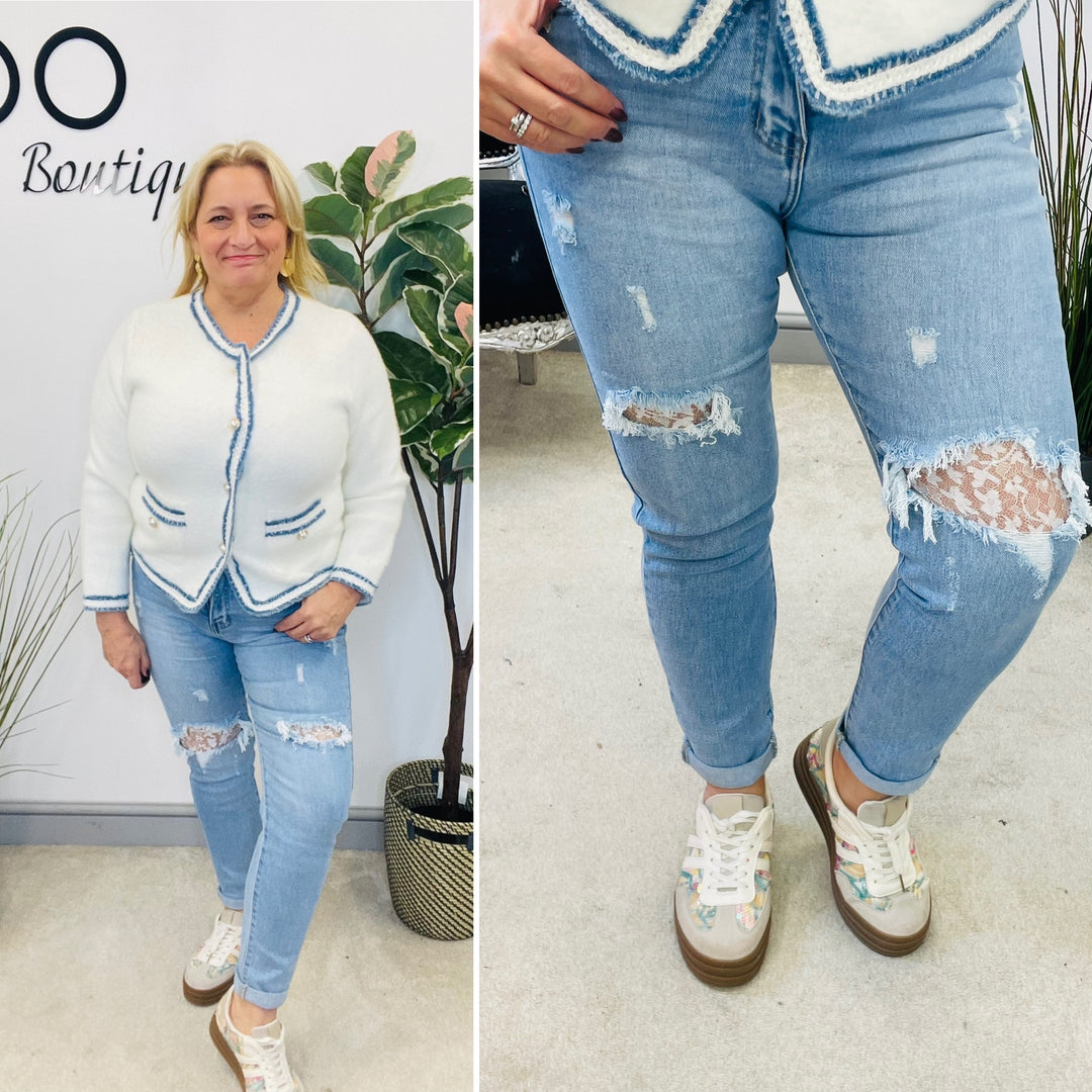 LADIES FASHION LIGHT BLUE DISTRESSED LACE JEANS