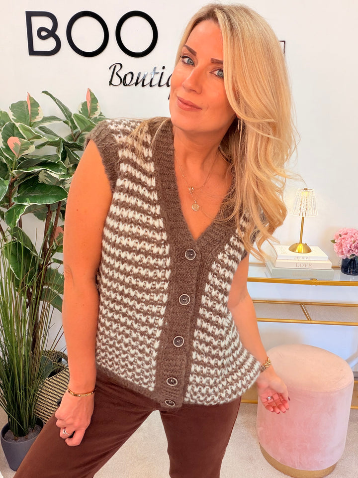 Women’s herringbone knit waistcoat - navy, beige, black, mocha & brown
