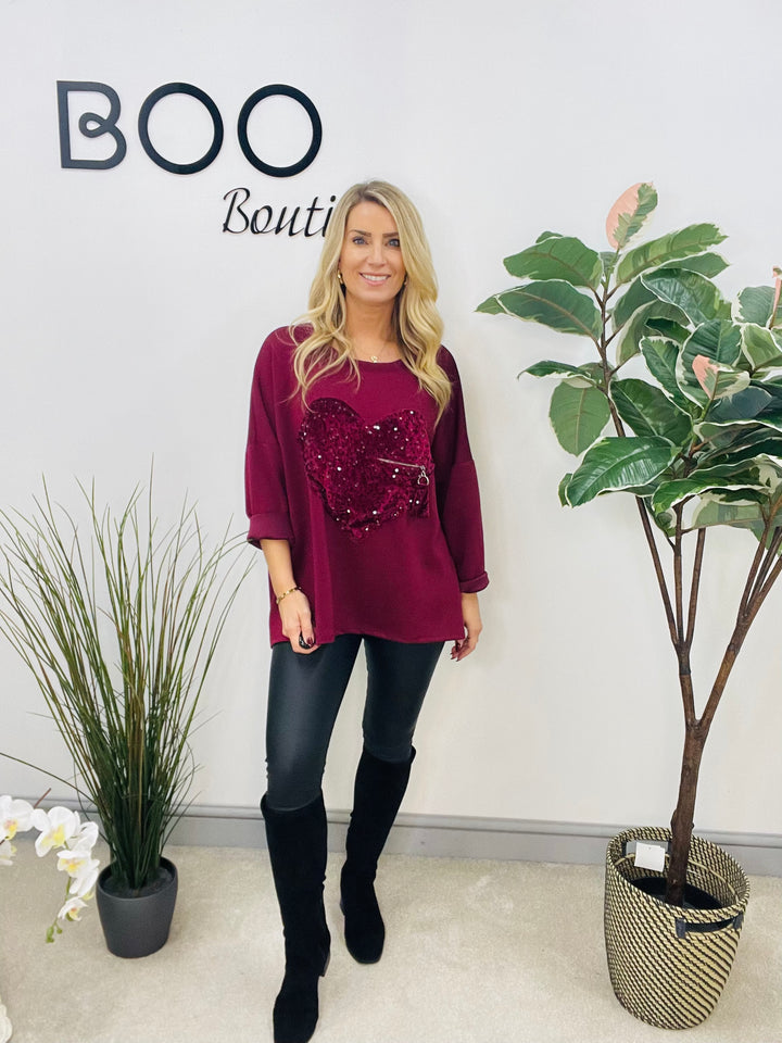 LADIES SCUBA SEQUIN HEART SWEATSHIRT TOP - BURGUNDY, BLACK, BROWN, BEIGE