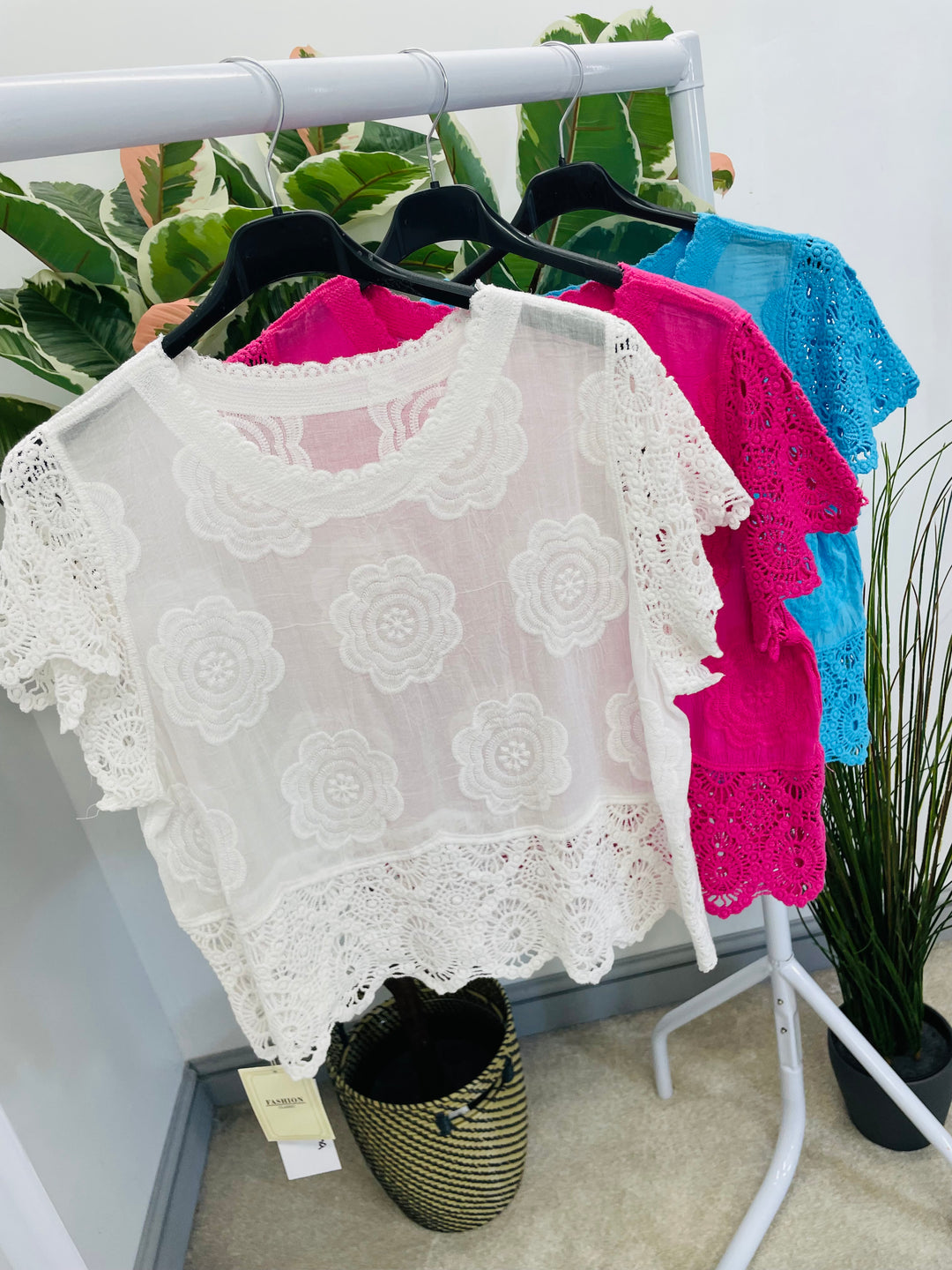 LADIES LACE CROCHET SUMMER TOP - WHITE, TURQUOISE, PINK